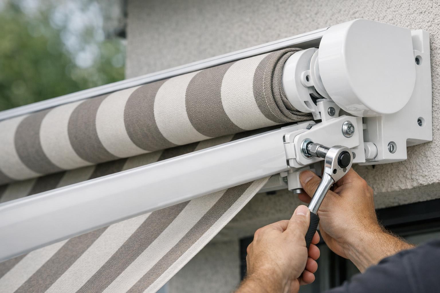 Zdjęcie procesu montażu markizy tarasowej zbliżenie na ramę i tkaninę